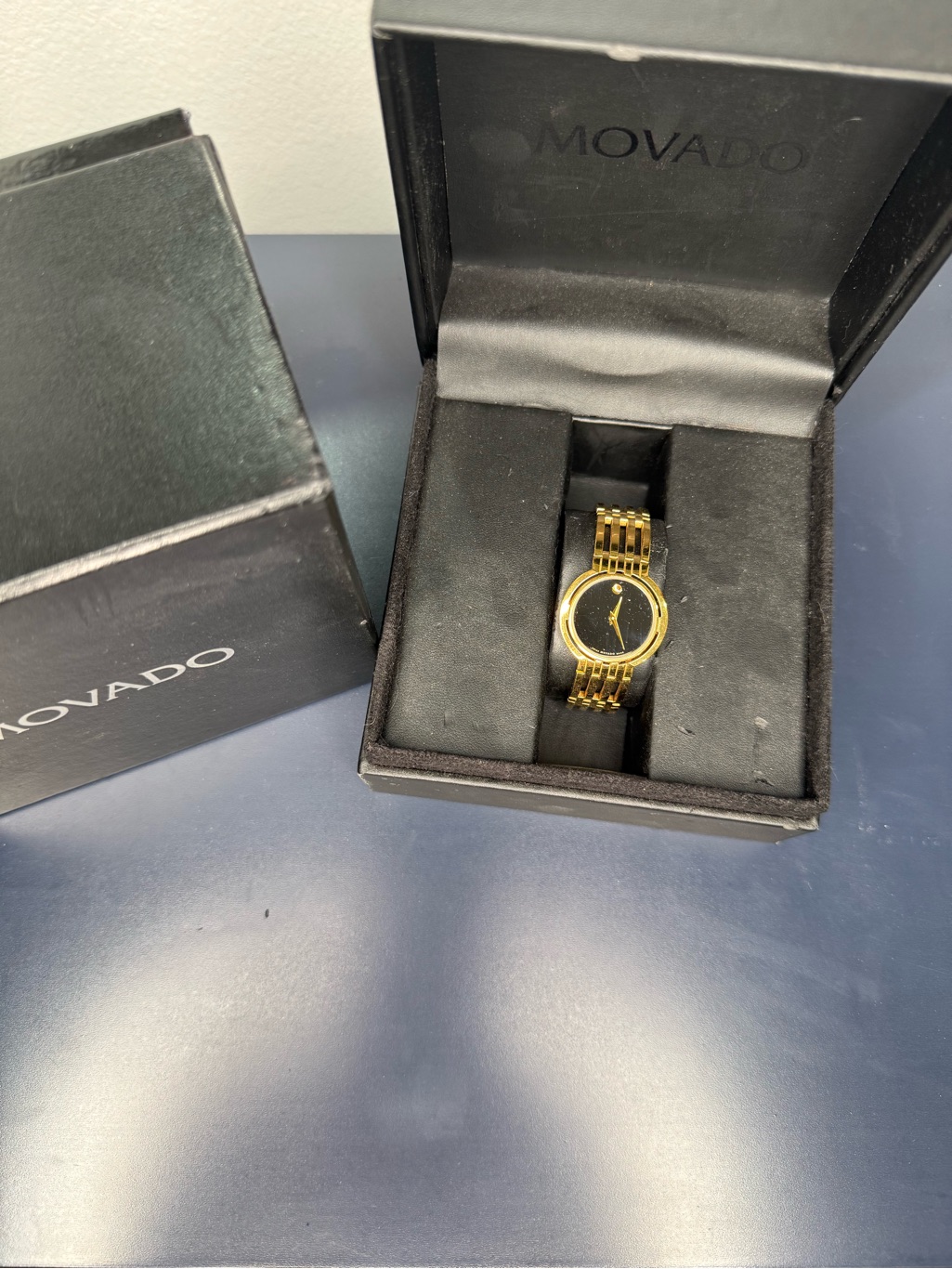 Movado Gold And Black Museum Dial Watch In Presentation Box